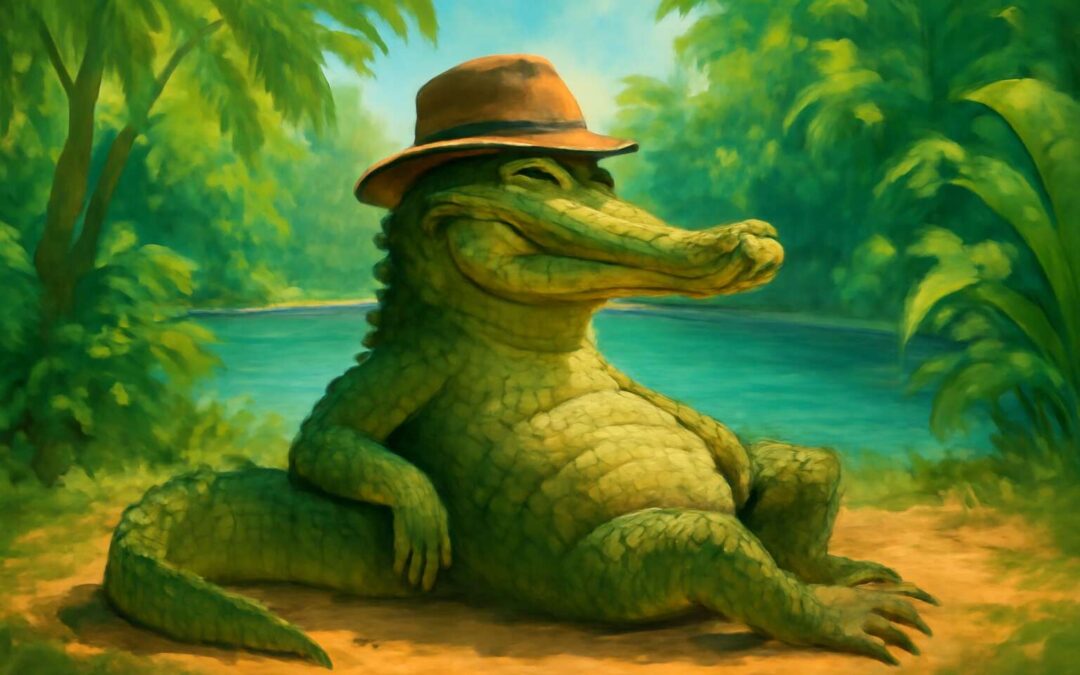 A dapper crocodile with hat steals the show at the riverbank party
